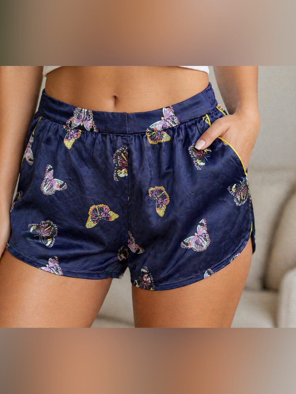 Anthropologie Navy Satin Shorts with Yellow & Pink Butterfly Print